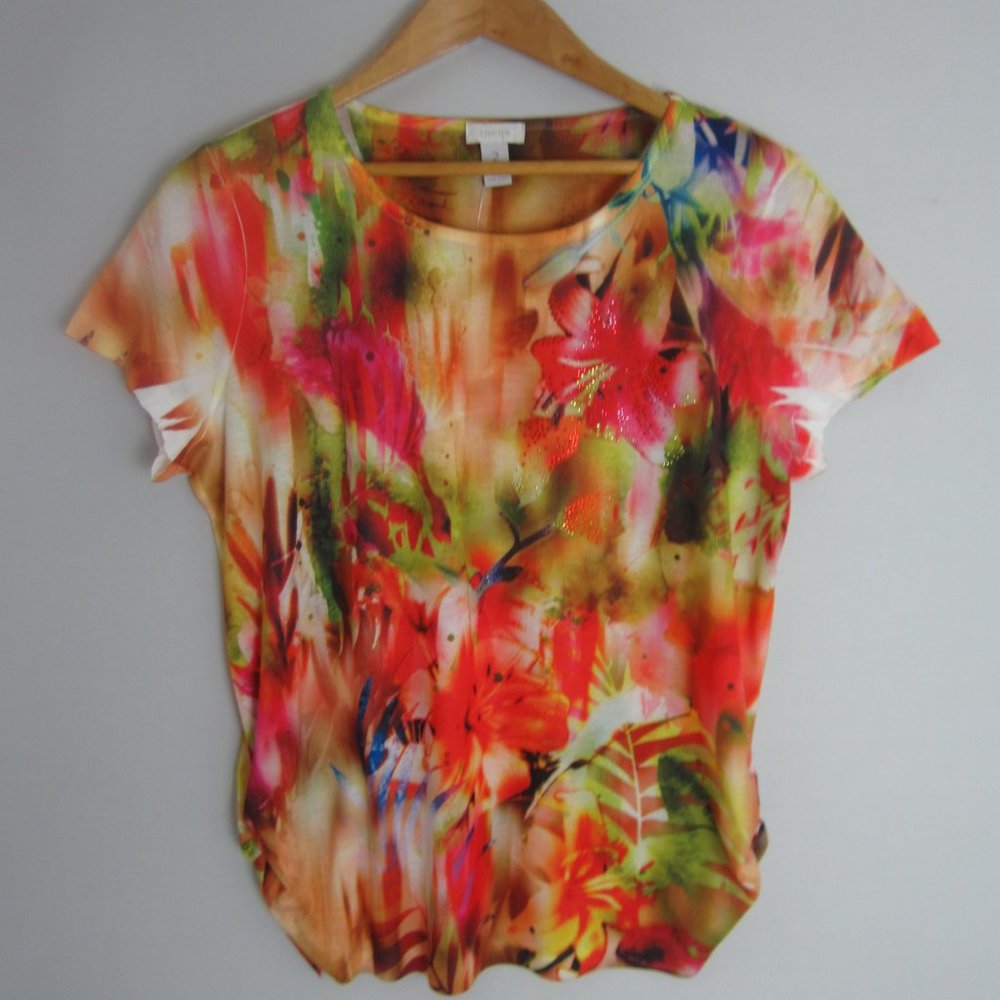 NEW Chicos 2 Womens Large Pink Floral Cap Sleeve Blouse Shirt Beaded NWT $69